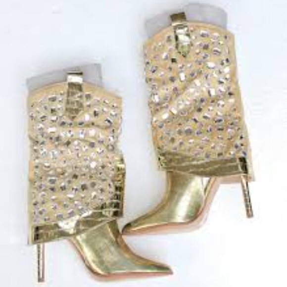 NIB- LAUREN LORRAINE METALLIC GOLD EMBELLISHED COWBOY BOOTS - Picture 2 of 4
